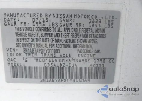 2015 Nissan Sentra Sv z USA, uszkodzony, nr VIN 3N1AB7APXFY311083